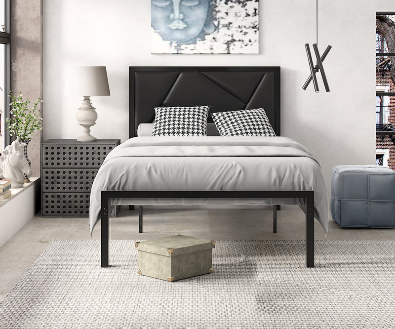 Modern Metal Bed Frame with Geometric Litchi Grain Leather Headboard