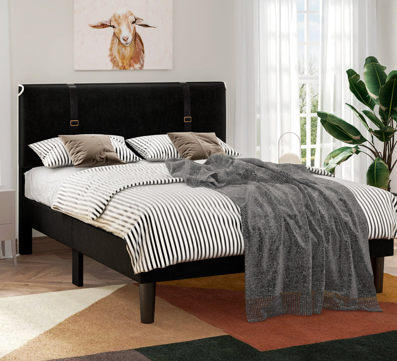 Modern Upholstered Bed, Skin-Friendly Black Velvet Headboard, Queen Size, Black color