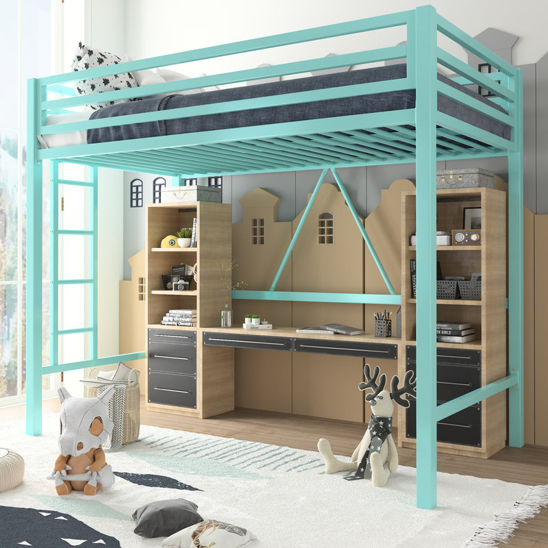 Loft Bed Frame for Juniors&Adults, Metal Loft Bed Twin Size with Safety Guardrail&Removable Ladder, Space-Saving, Noise Free
