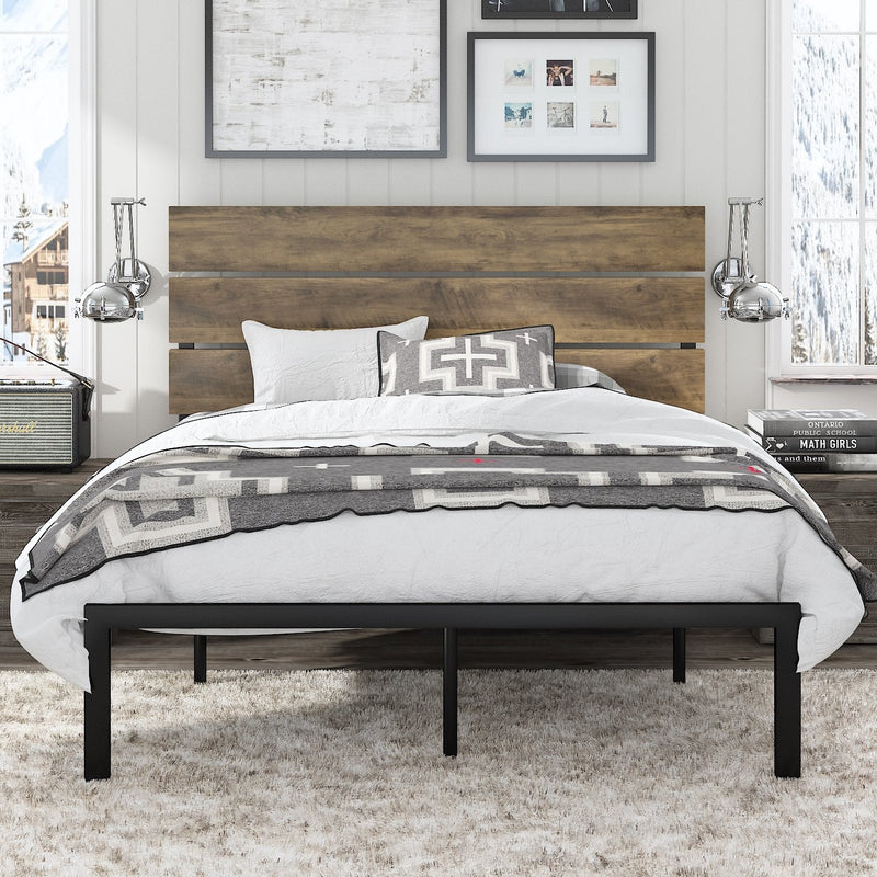 Platform Bed Frame with Wood headboard and Metal Slats / Rustic Country Style Mattress Foundation