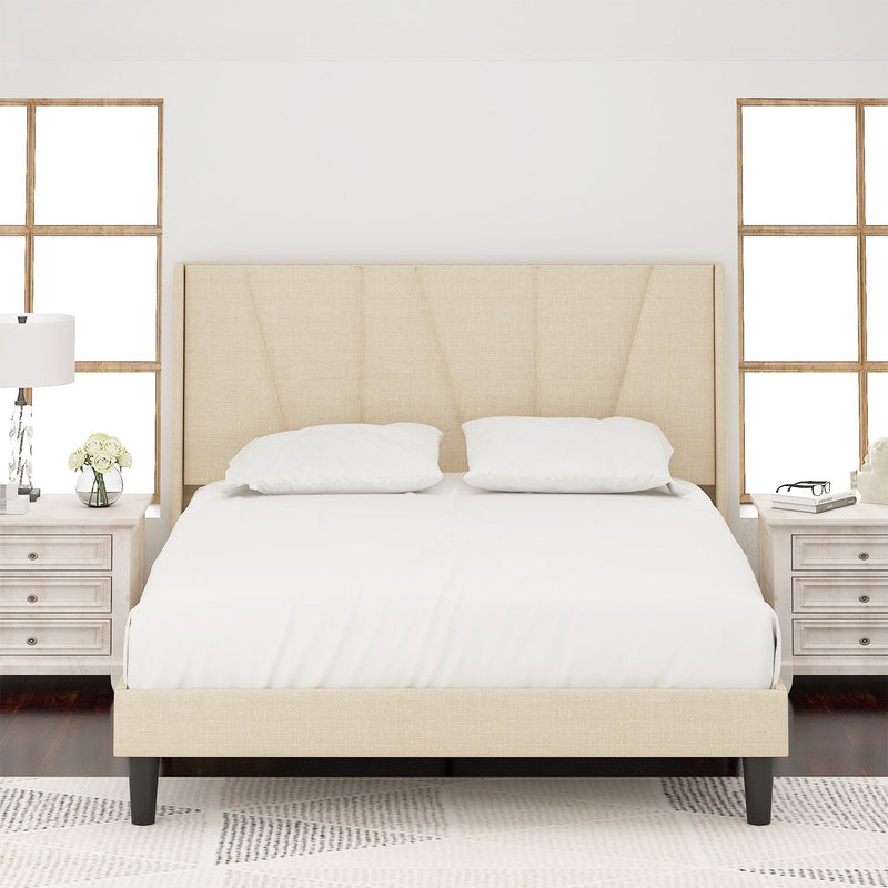 Upholstered Linen Platform Bed Frame with Geometric Wingback Headboard, Mattress Foundation