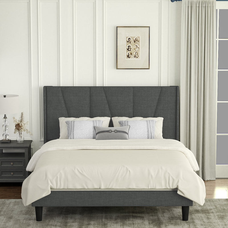 Upholstered Linen Platform Bed Frame with Geometric Wingback Headboard, Mattress Foundation