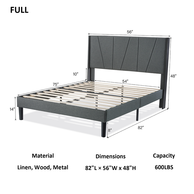 Upholstered Linen Platform Bed Frame with Geometric Wingback Headboard, Mattress Foundation