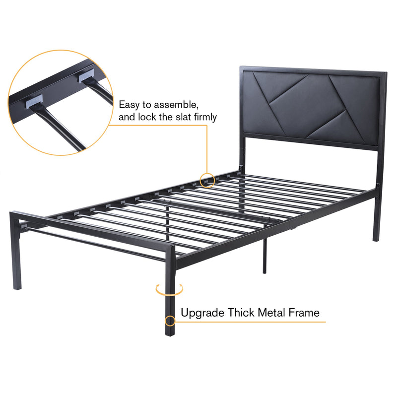 Modern Metal Bed Frame with Geometric Litchi Grain Leather Headboard