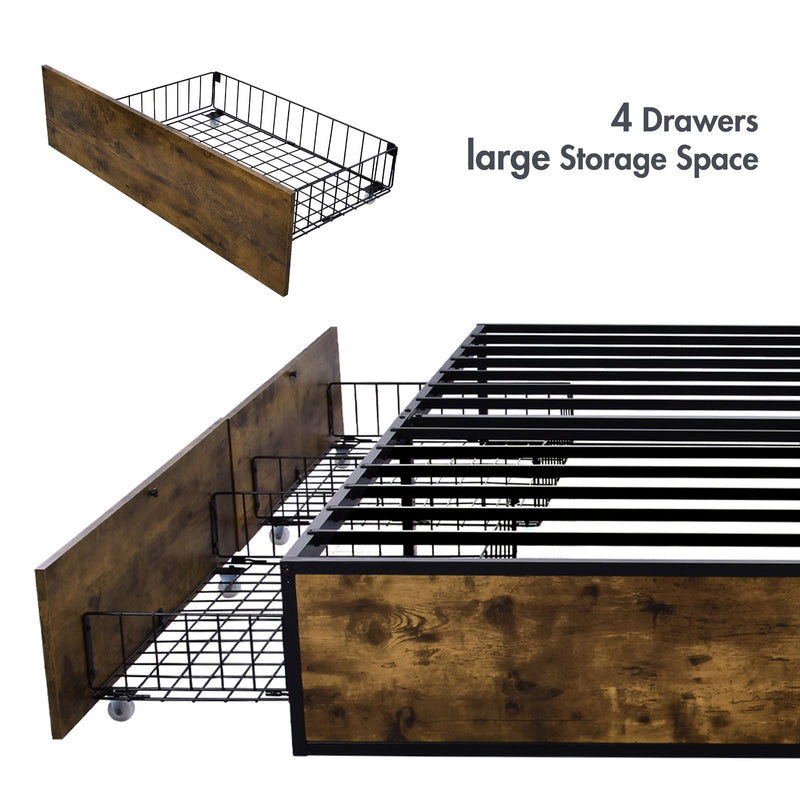 Industrial Metal Bed Frame with 4 Sliding XL Storage Drawers, Platform Bed with Large Storage Space