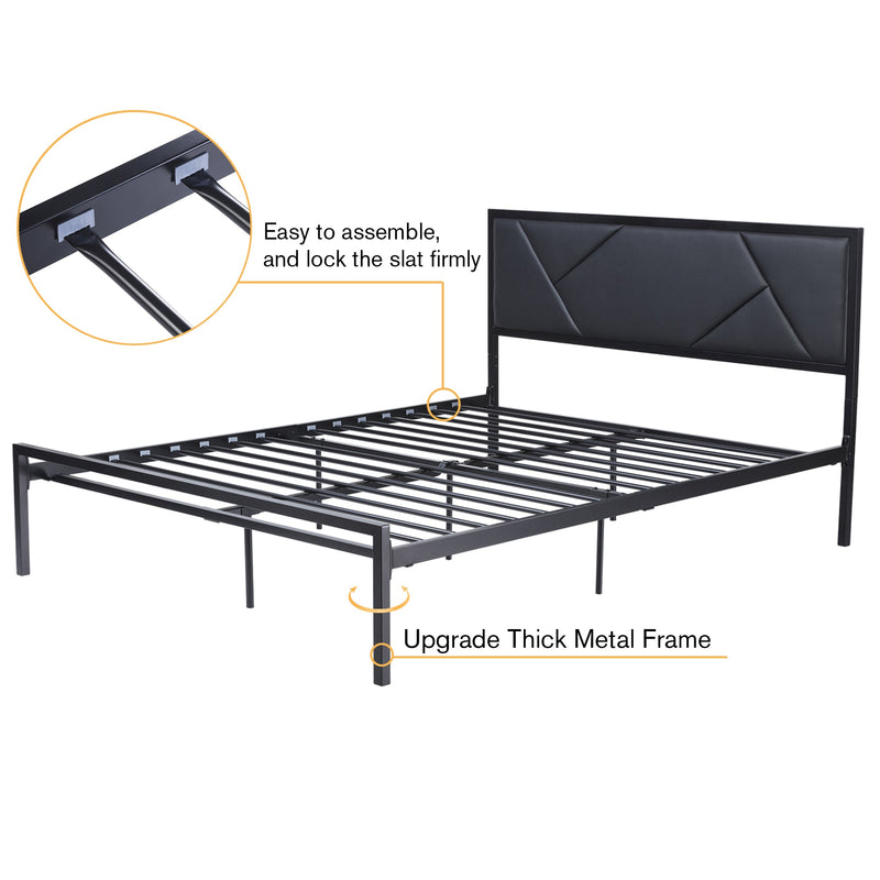 Modern Metal Bed Frame with Geometric Litchi Grain Leather Headboard