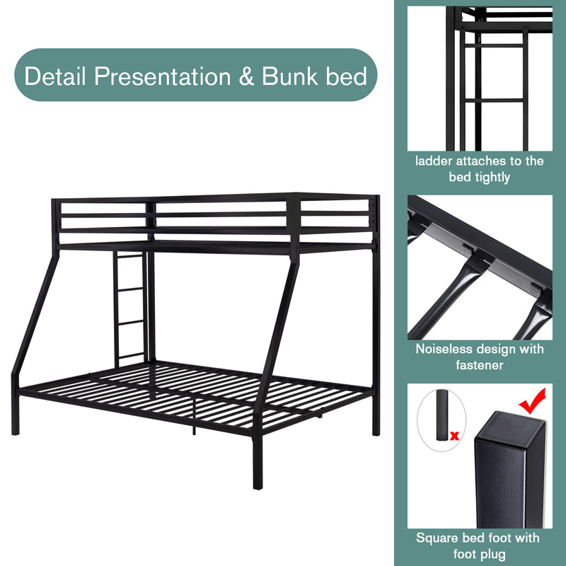 Twin Over Full Bunk Bed Frame with Ladder, Metal Bed Frame with Full-Length Guardrail, Space-Saving Design, No Box Spring Needed, Noise Free