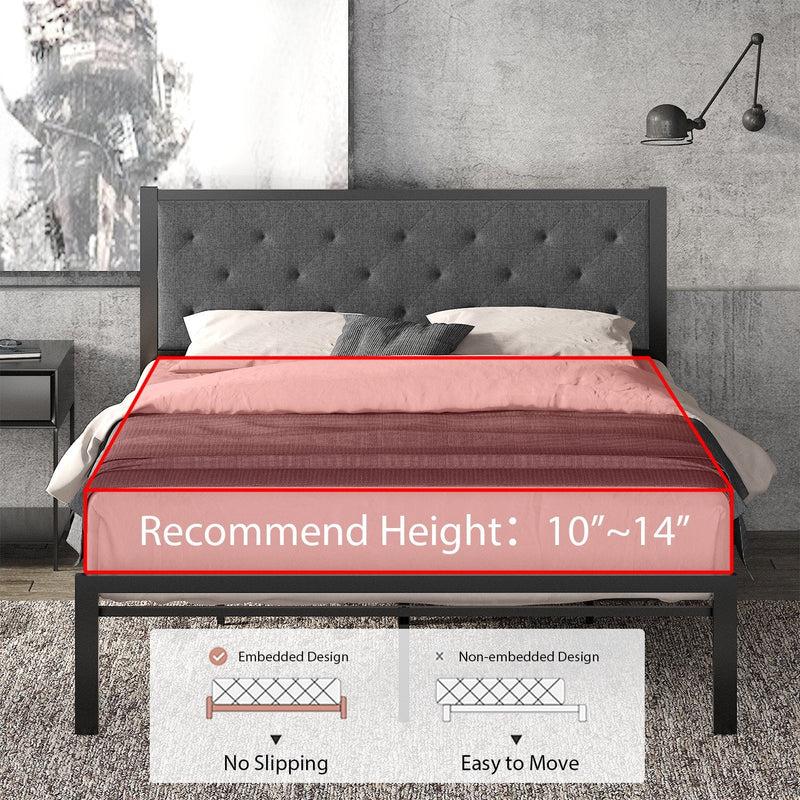 Metal Bed Frame with Headboard, Strong Steel Slats Support