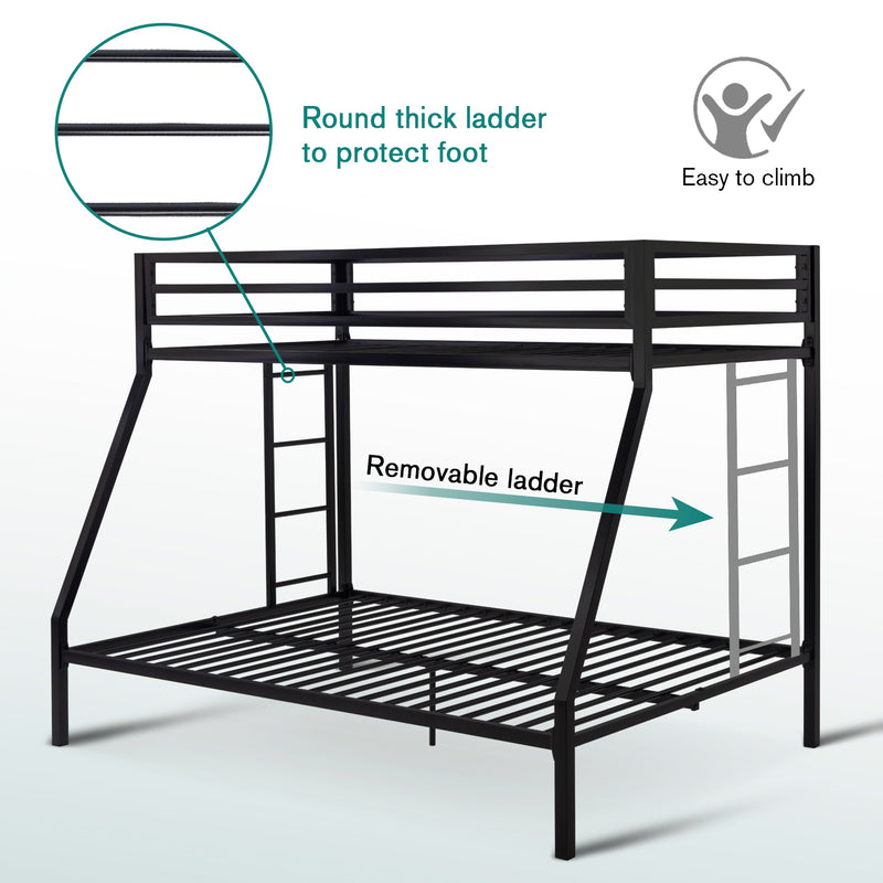 Twin Over Full Bunk Bed Frame with Ladder, Metal Bed Frame with Full-Length Guardrail, Space-Saving Design, No Box Spring Needed, Noise Free