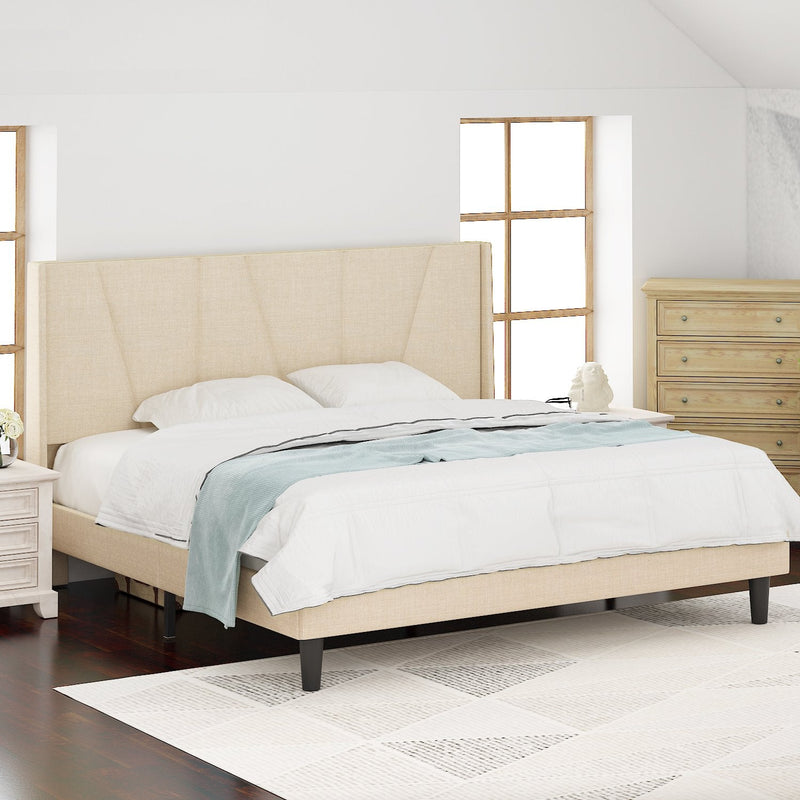 Upholstered Linen Platform Bed Frame with Geometric Wingback Headboard, Mattress Foundation