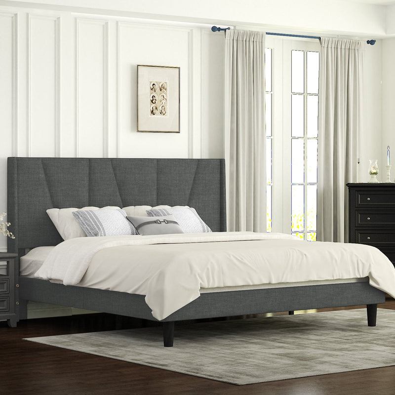 Upholstered Linen Platform Bed Frame with Geometric Wingback Headboard, Mattress Foundation