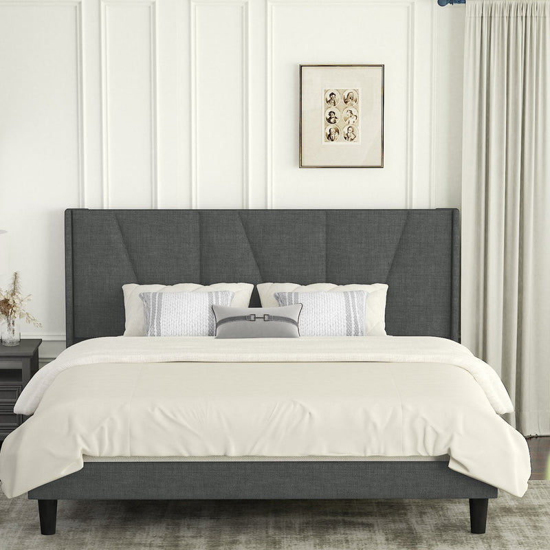 Upholstered Linen Platform Bed Frame with Geometric Wingback Headboard, Mattress Foundation