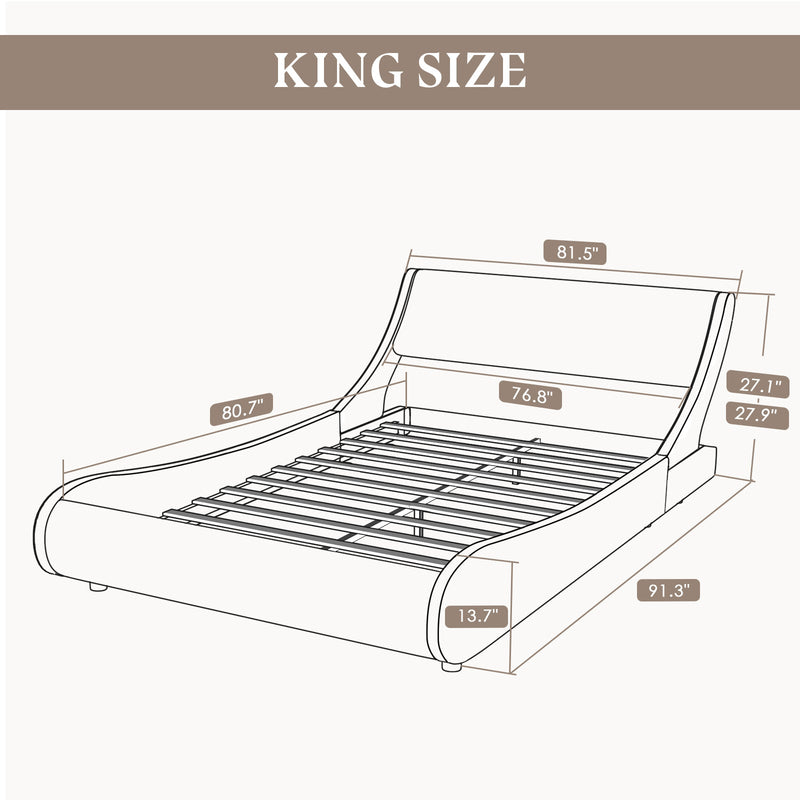 Platform Bed, Faux Leather Low Profile Sleigh Bed Frame with Adjustable Headboard, Wood Slat Support