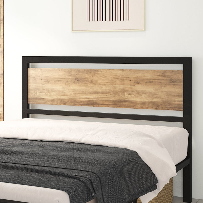 Heavy Duty Platform Bed, Metal Bed Frame with Modern Wooden Headboard & Footboard