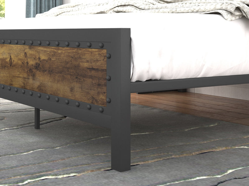 Heavy Duty Metal Bed Frame with Rivet Wooden Headboard & Footboard, Strong Steel Slats Support
