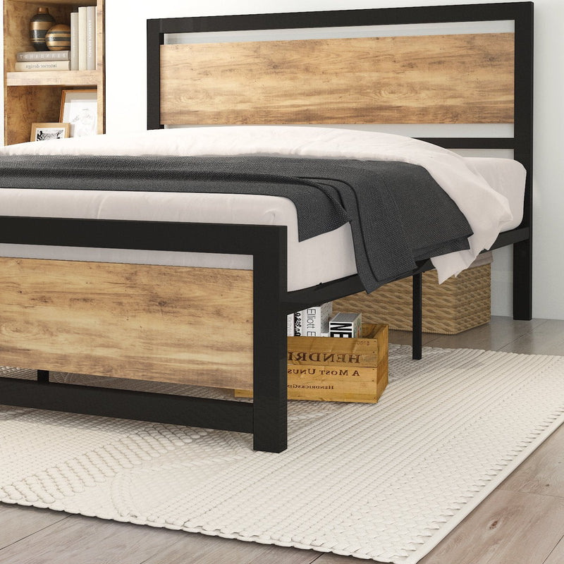 Heavy Duty Platform Bed, Metal Bed Frame with Modern Wooden Headboard & Footboard