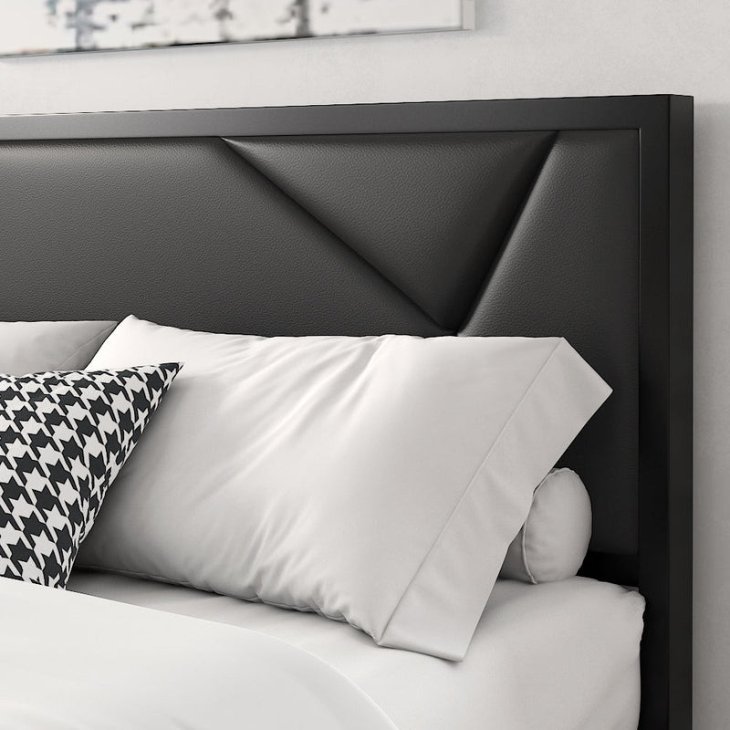 Modern Metal Bed Frame with Geometric Litchi Grain Leather Headboard