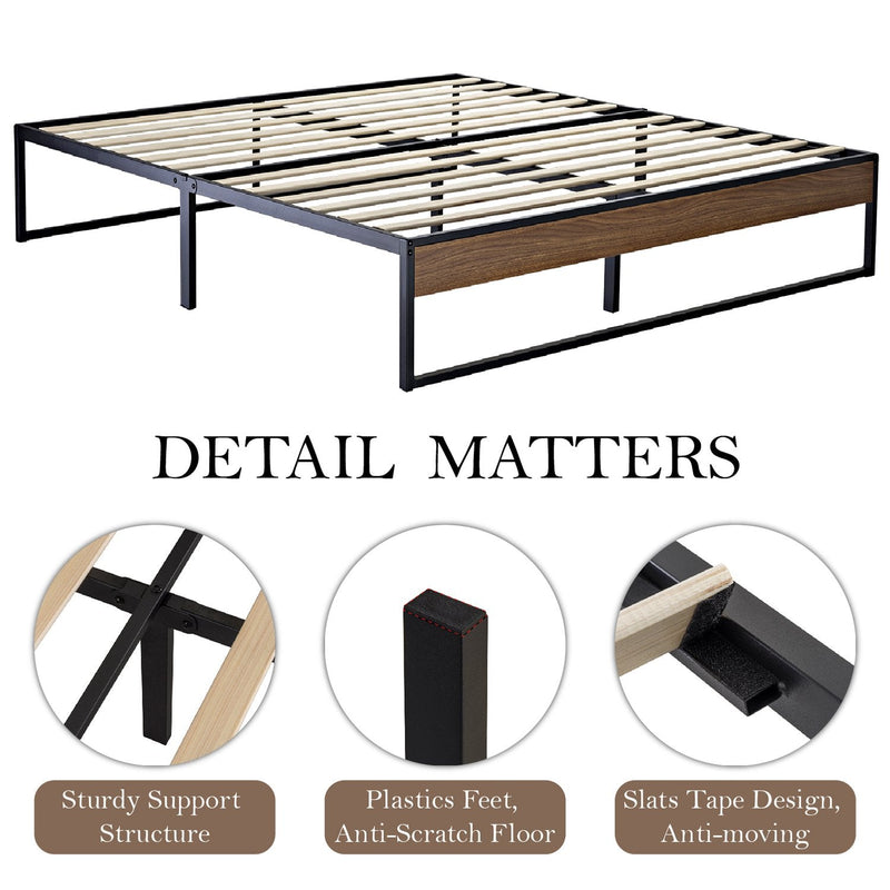 14 Inch Metal Bed Frame with Storage, Mattress Foundation with Rustic Wood