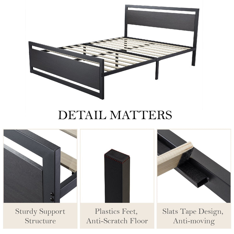 Heavy Duty Platform Bed, Metal Bed Frame with Modern Wooden Headboard & Footboard