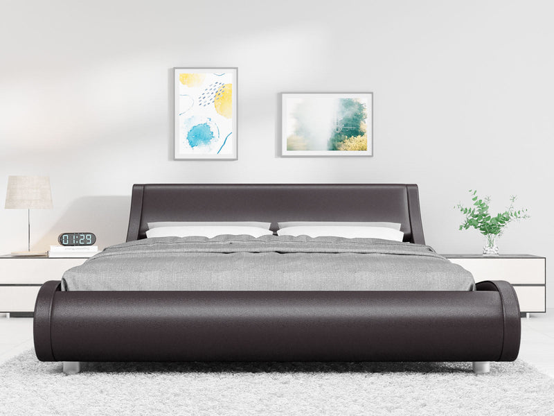 Platform Bed, Faux Leather Low Profile Sleigh Bed Frame with Adjustable Headboard, Wood Slat Support