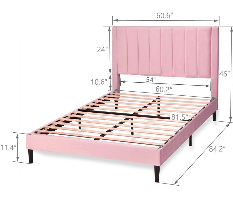 Velvet Upholstered Platform Bed Frame with Headboard, Strong Wood Slats Support