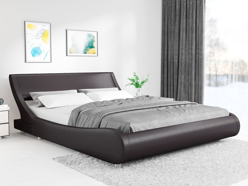 Platform Bed, Faux Leather Low Profile Sleigh Bed Frame with Adjustable Headboard, Wood Slat Support