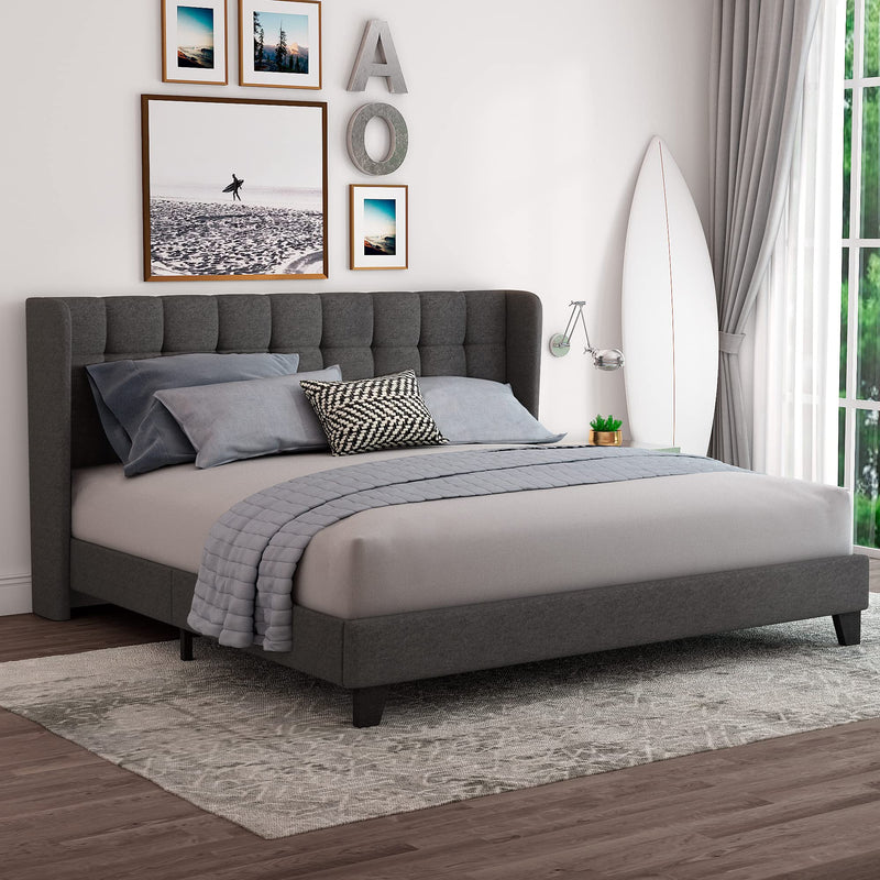 Wingback Upholstered Platform Bed Frame with Square Stitched Headboard,Mattress Foundation