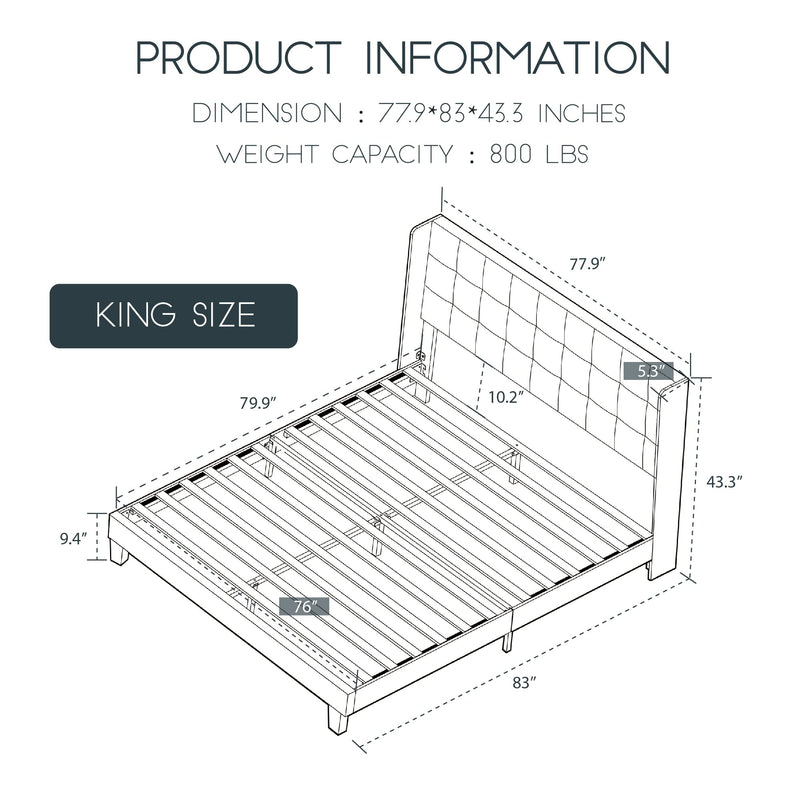 Wingback Upholstered Platform Bed Frame with Square Stitched Headboard,Mattress Foundation