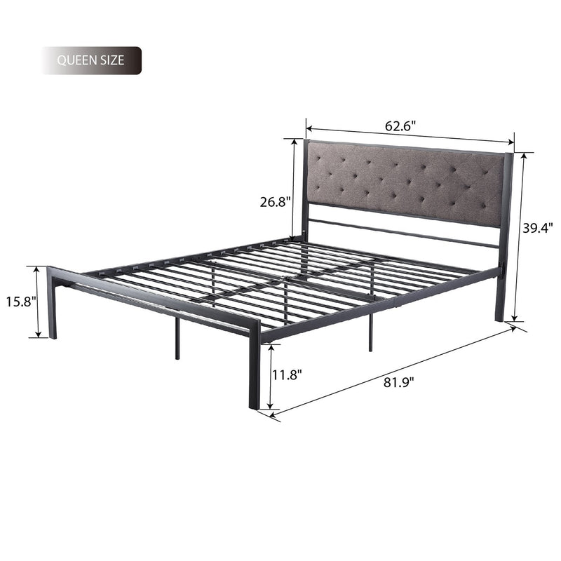 Metal Bed Frame with Headboard, Strong Steel Slats Support